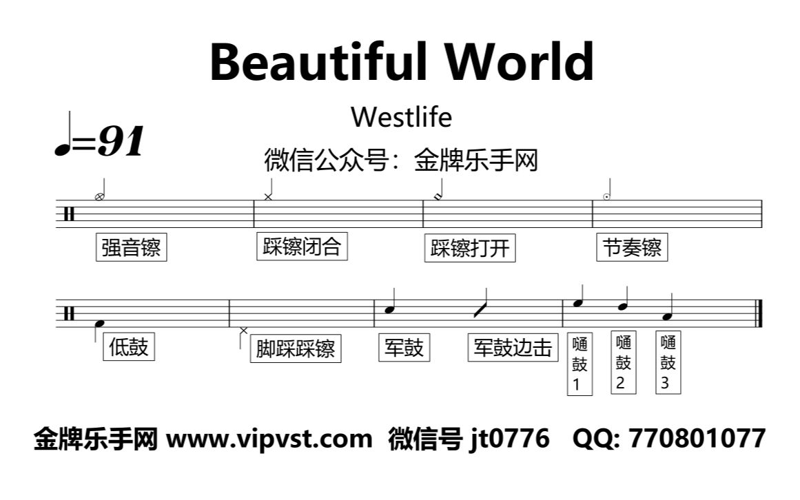 【金牌乐手网】1234.Westlife  Beautiful World 鼓谱 动态鼓谱 无鼓伴奏 drum cover哔哩哔哩bilibili