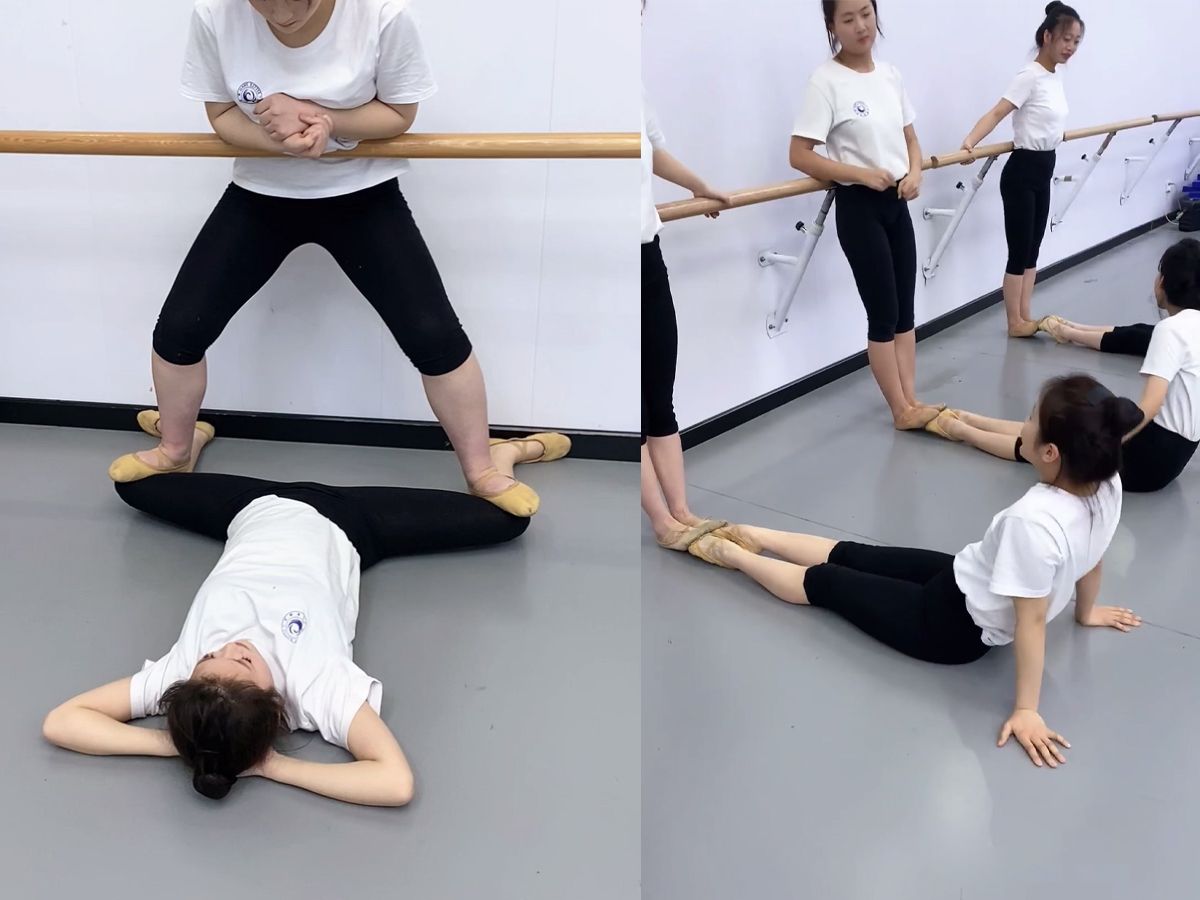 舞蹈女生基本功训练,踩胯 踩脚背240328
