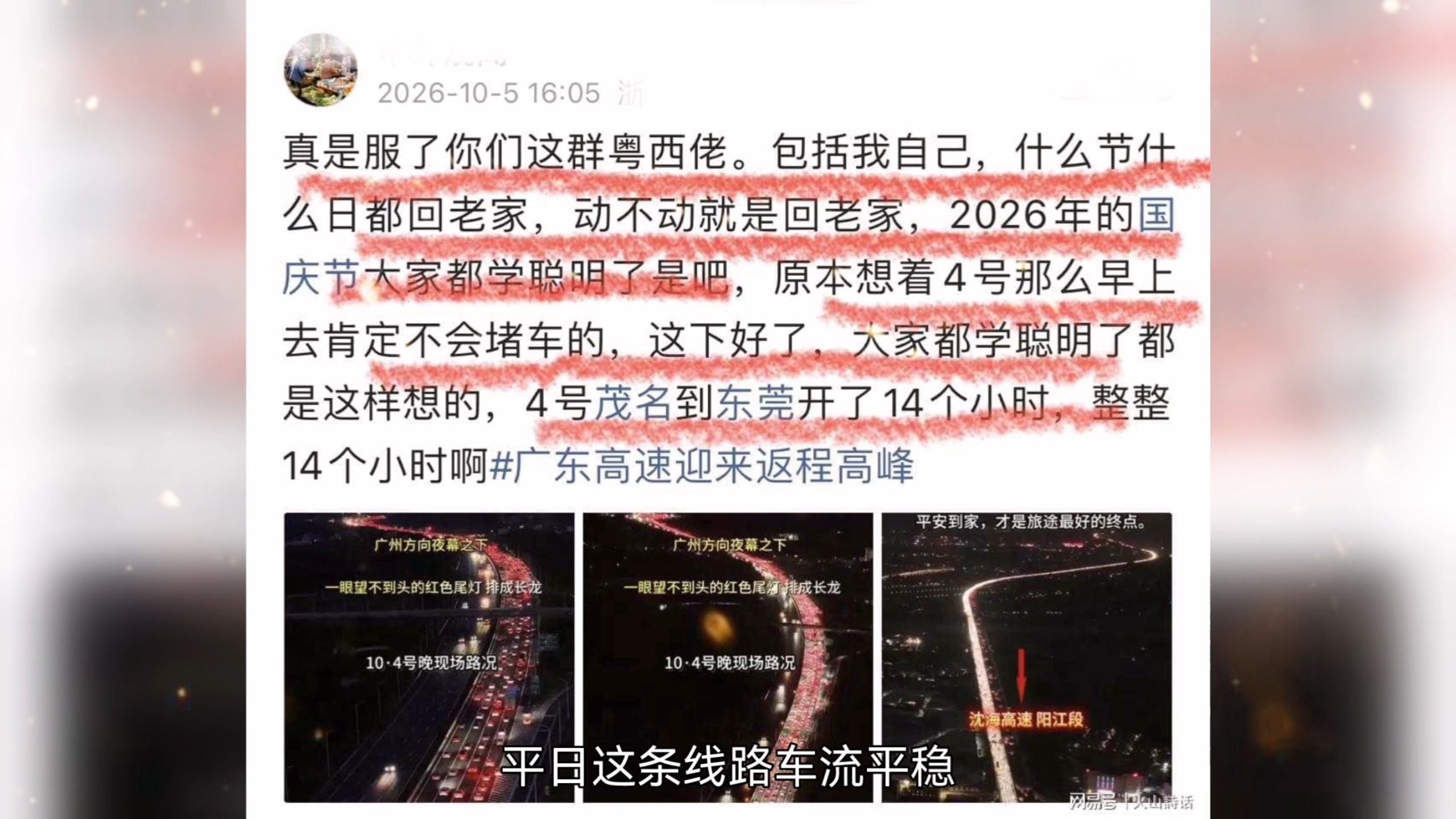 都是大聪明啊！粤西车主4日提前返程“集体翻车现场”，茂名到东莞14小时困在沈海高速阳江段