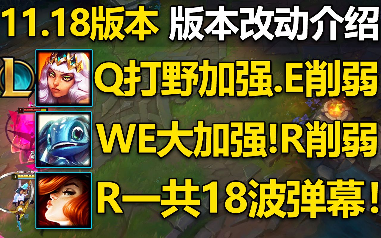 11.18版本介绍:奇亚娜打野能力增强!猫咪被动增强,小鱼人E大加强!老鼠,大嘴,赏金加强!英雄联盟