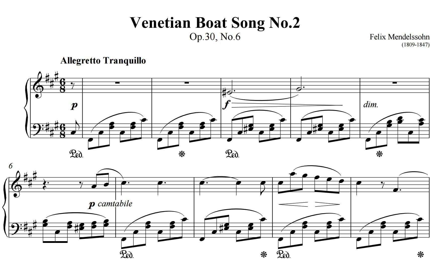 门德尔松 威尼斯船歌 venetian boat song no2钢琴谱