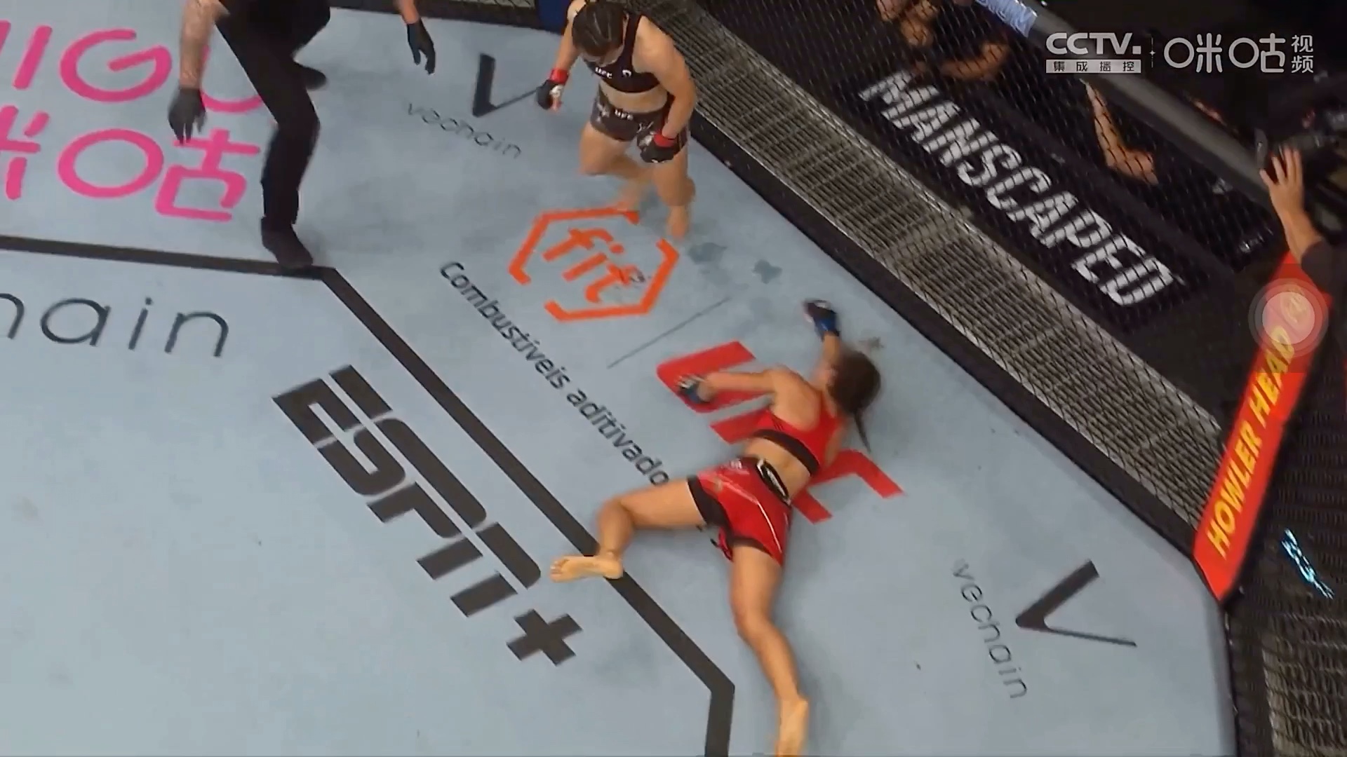 张伟丽ko了乔安娜,乔安娜哭了,镜头对着她留着八角笼里的拳套,慢慢的