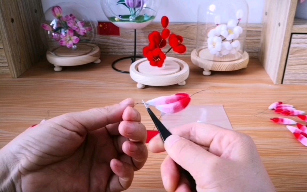 6花瓣-客订非遗绒花荷花小夜灯制作-胡志英做非遗绒花摆件