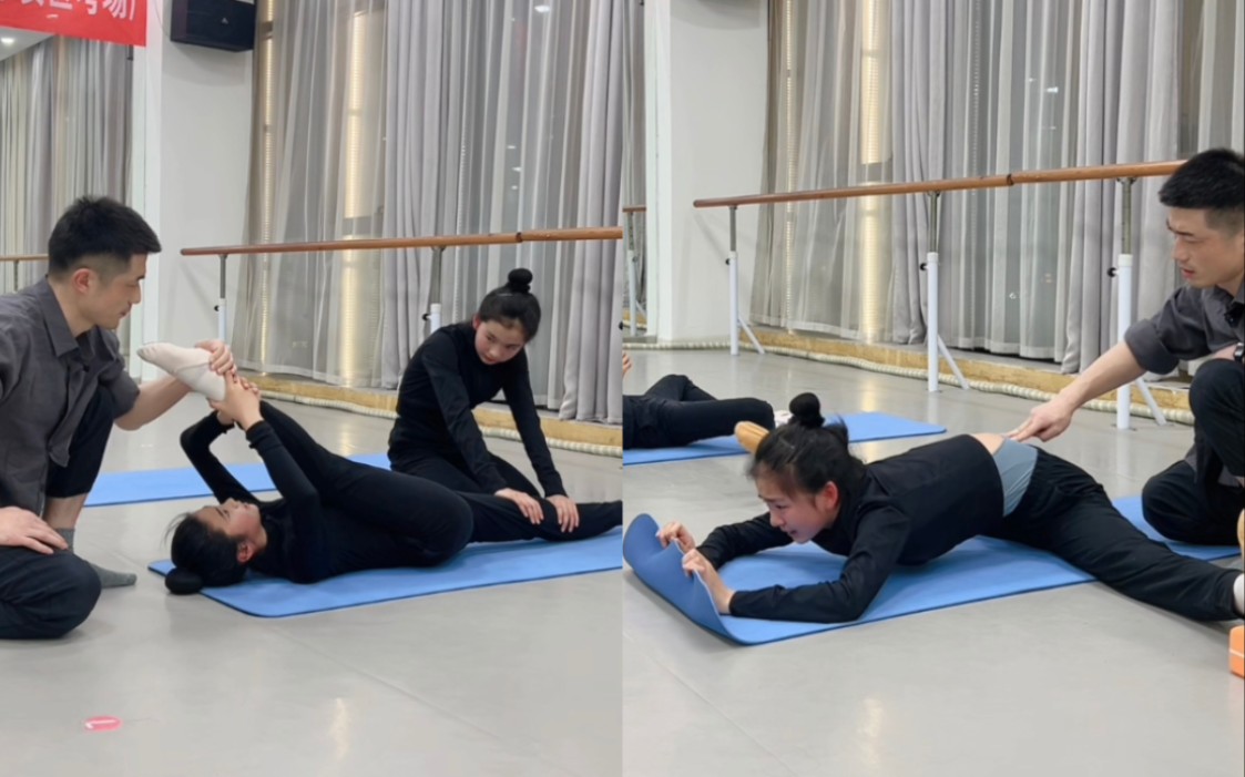 【极】痛苦压腿1,俩美女孩子露脸被动软开,撕腿 横叉等 男老师职教