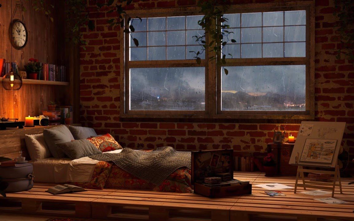 【白噪音】舒适的卧室场景,窗外有雨声和风声——大雨和雷声u8小时