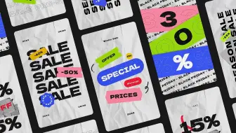 6款现代拼贴趣味电商活动促销打折动态海报AE视频排版模板Sale Stories