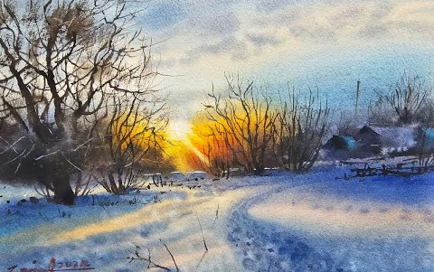 雪中落日-水彩画--javid tabatabaei