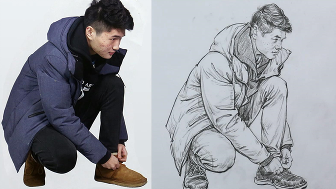 2初级单人速写蹲着系鞋带的男青年 北京华艺名画室