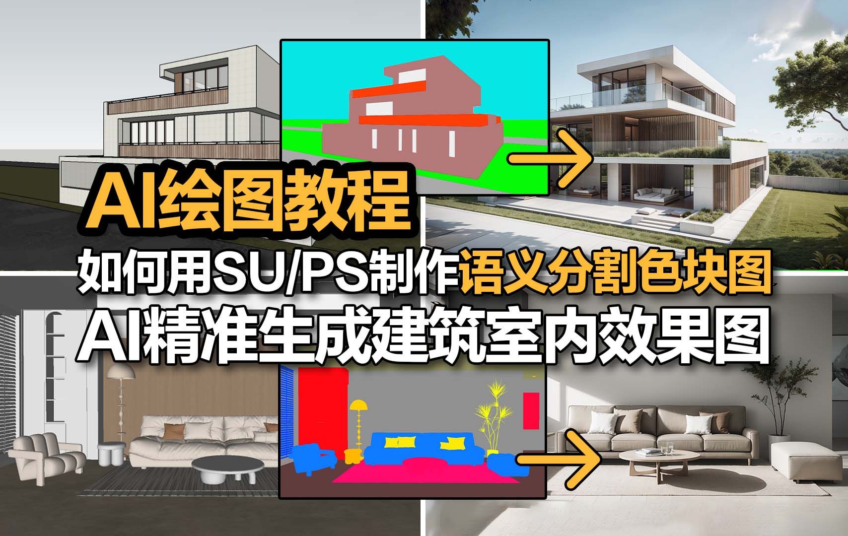 AI绘图教程|如何用SU/PS制作语义分割色块图,AI精准生成建筑室内效果图!哔哩哔哩bilibili