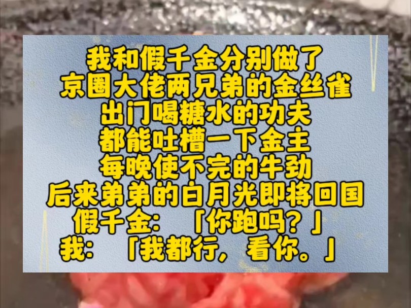 我和假千金分别做了京圈大佬两兄弟的金丝雀.出门喝糖水的功夫,都能吐槽一下金主每晚使不完的牛劲.后来弟弟的白月光即将回国.假千金:「你跑吗?...