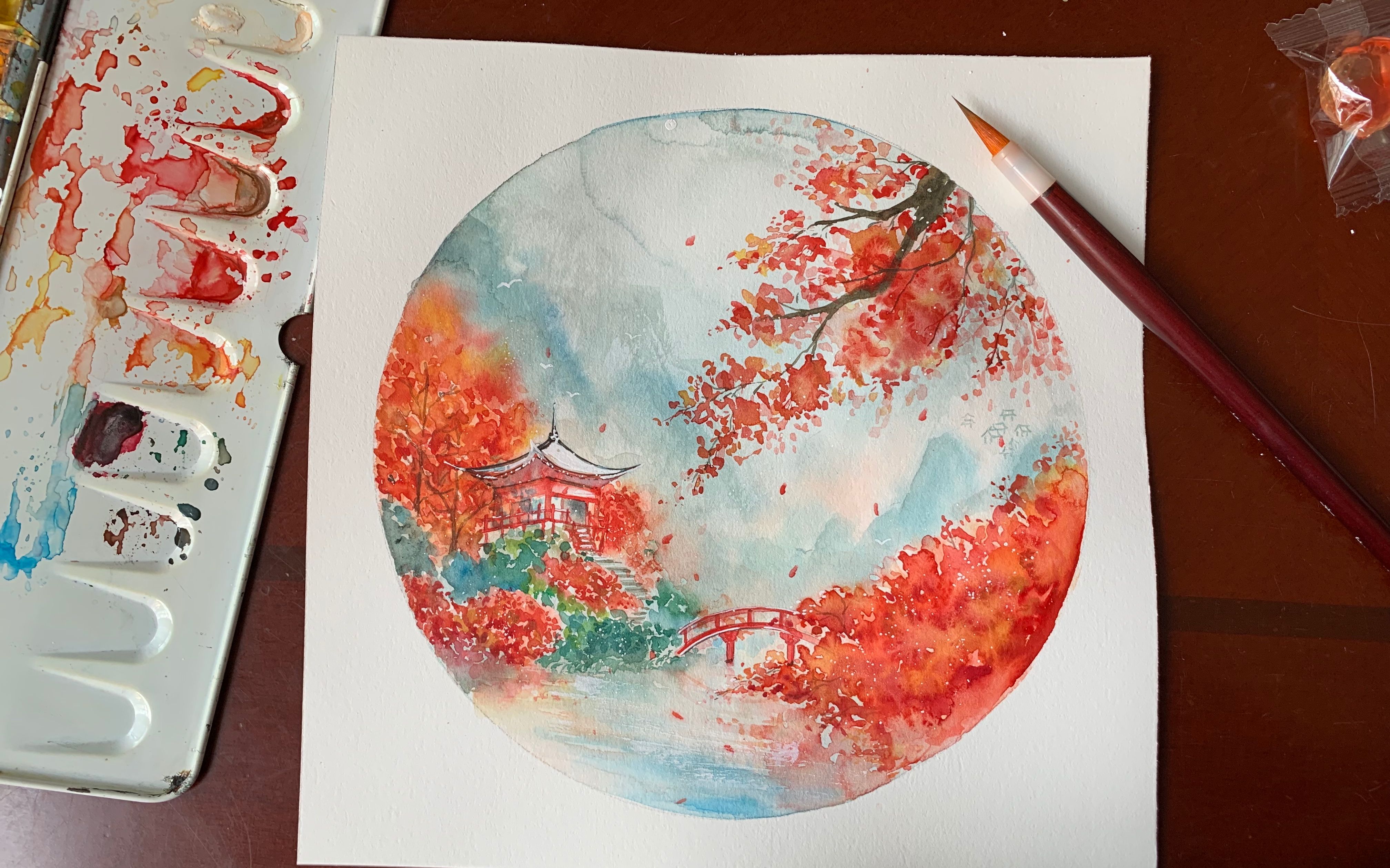 活动作品水彩日暮秋烟起萧萧枫树林