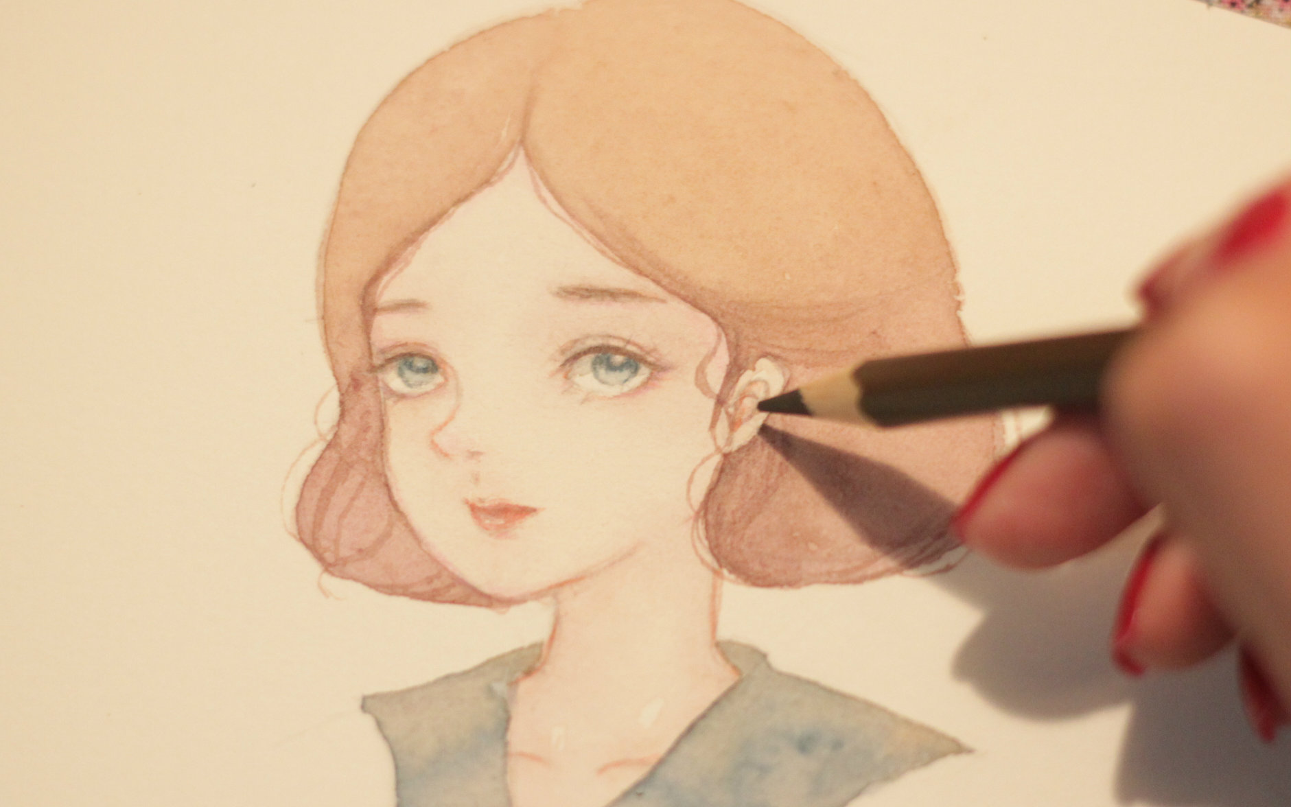 lyna水彩手绘萌妹子人物原创插画少女略带复古的小水彩