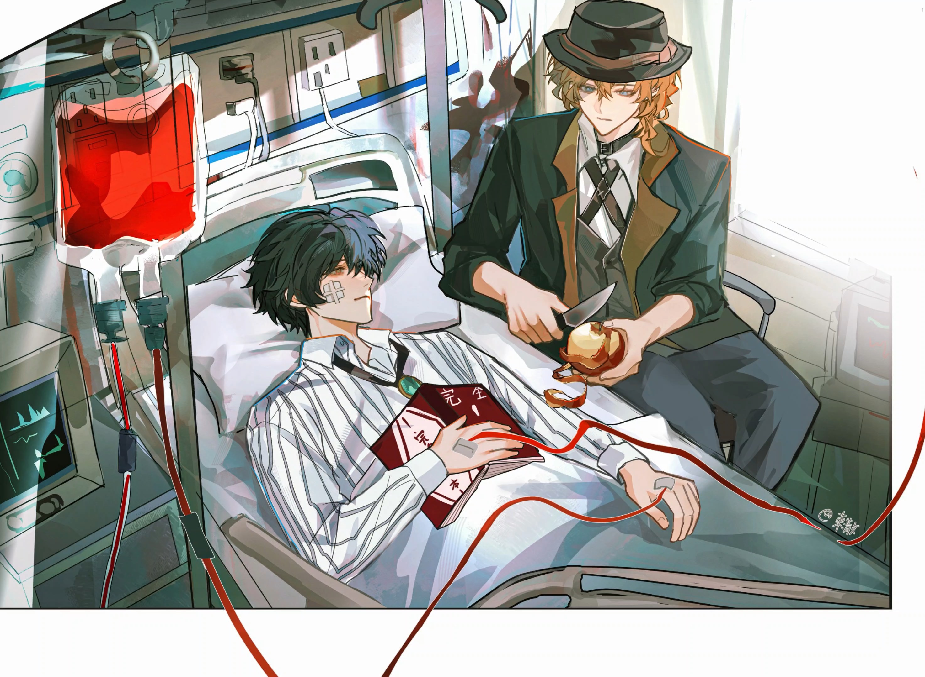 “中也，我要吃苹果。”“自己去拿。”“不行中也得给我削，我的手动不了。都是因为中也晚来了我才被打成这样的！你得负全责。”“….”（于是真的削了）