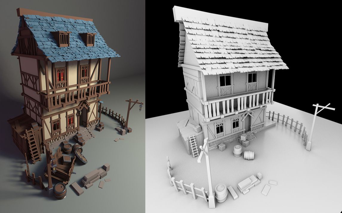 【maya场景建模】 新手入门场景教程-卡通高模房屋细节制作,布线技巧