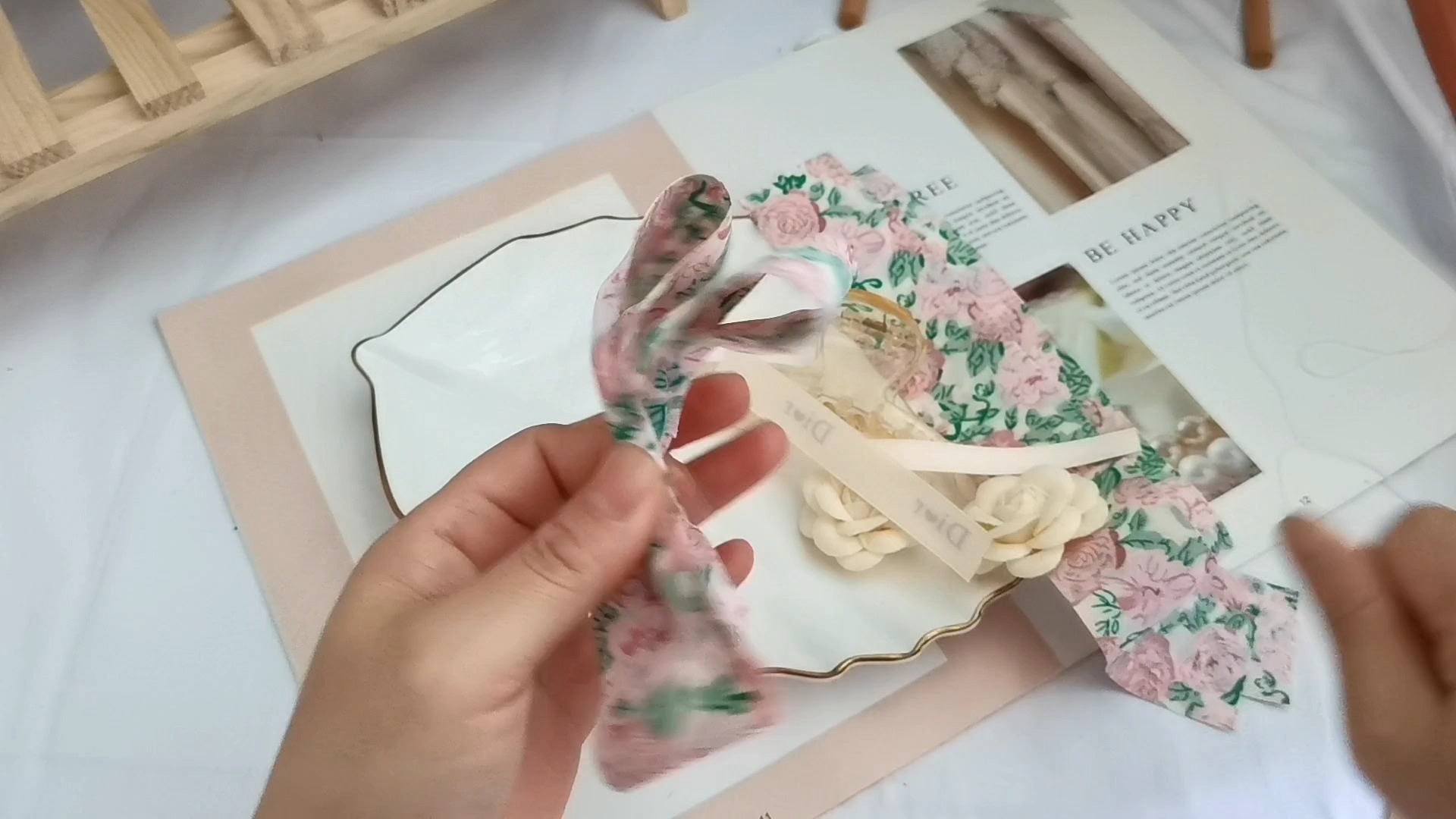 田园风印玫瑰花布艺丝带 手工发饰头饰diy蝴蝶结