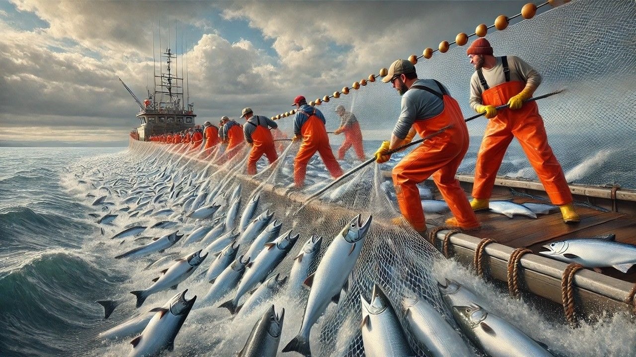 美国巨型刺网捕鱼鲑鱼