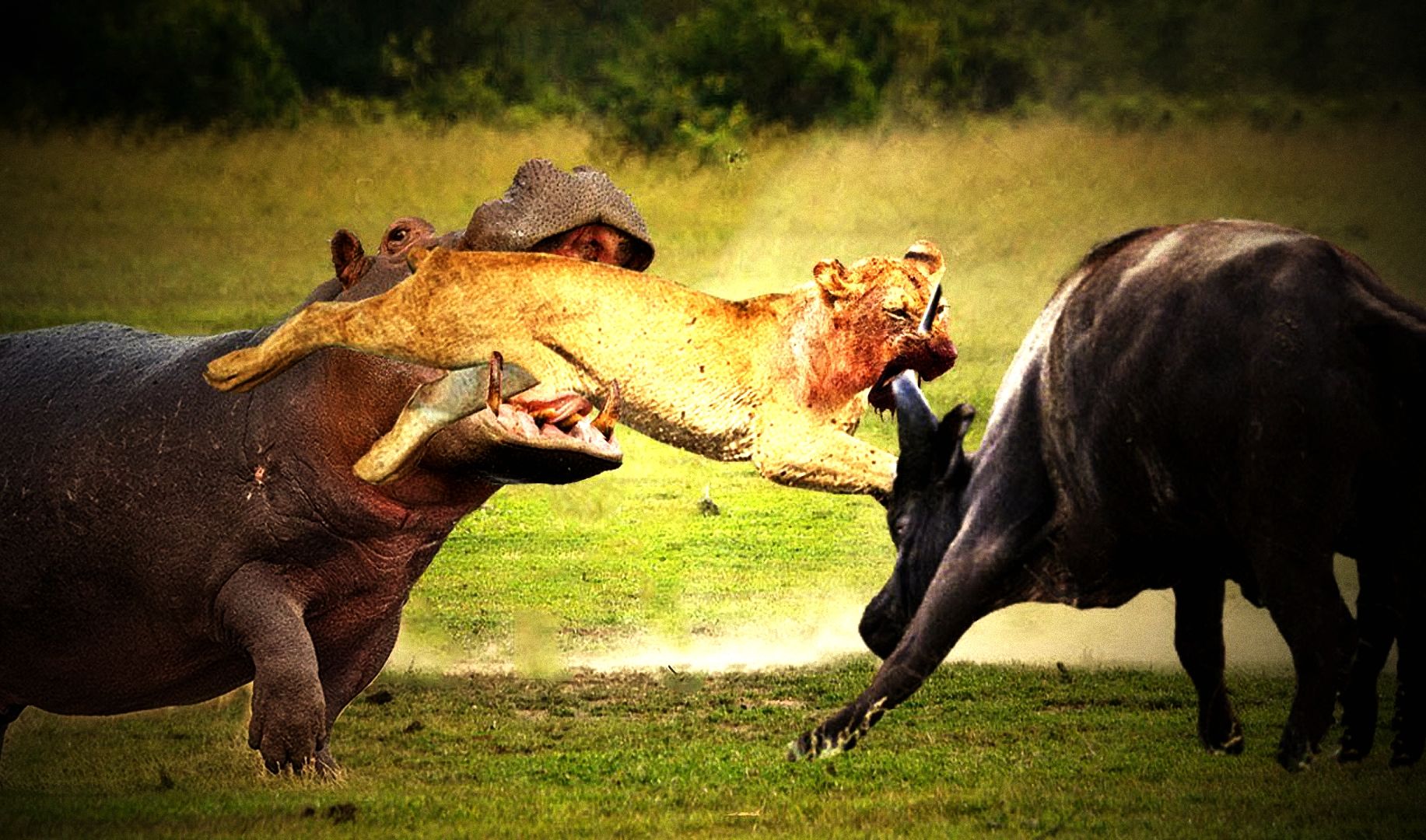 饥饿的狮子,盯上了水牛和河马,专挑大个头战斗!