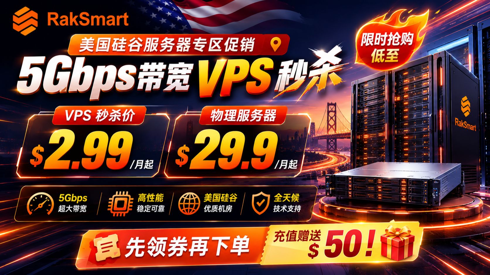 RakSmart美国硅谷服务器专区促销:5Gbps带宽VPS秒杀$2.99/月起,物理服务器$29.9/月起!先领券再下单,充值赠送$50!