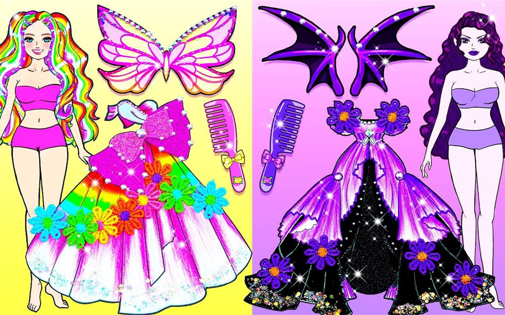 纸娃娃动画:长发彩虹天使装vs亚当斯紫黑蝙蝠裙,谁的装扮和彩虹金发更