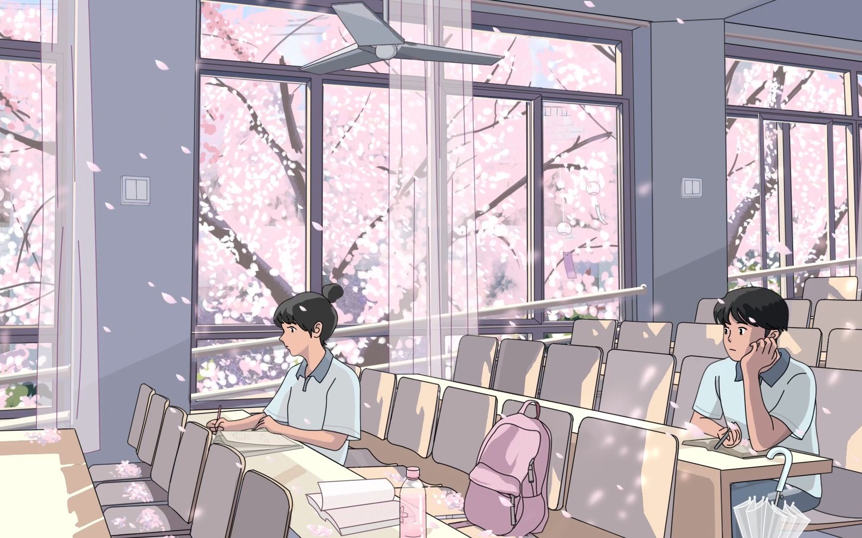 【初春微风在窗外开满樱花的阶梯教室学习】45分钟久坐提醒//课堂氛围