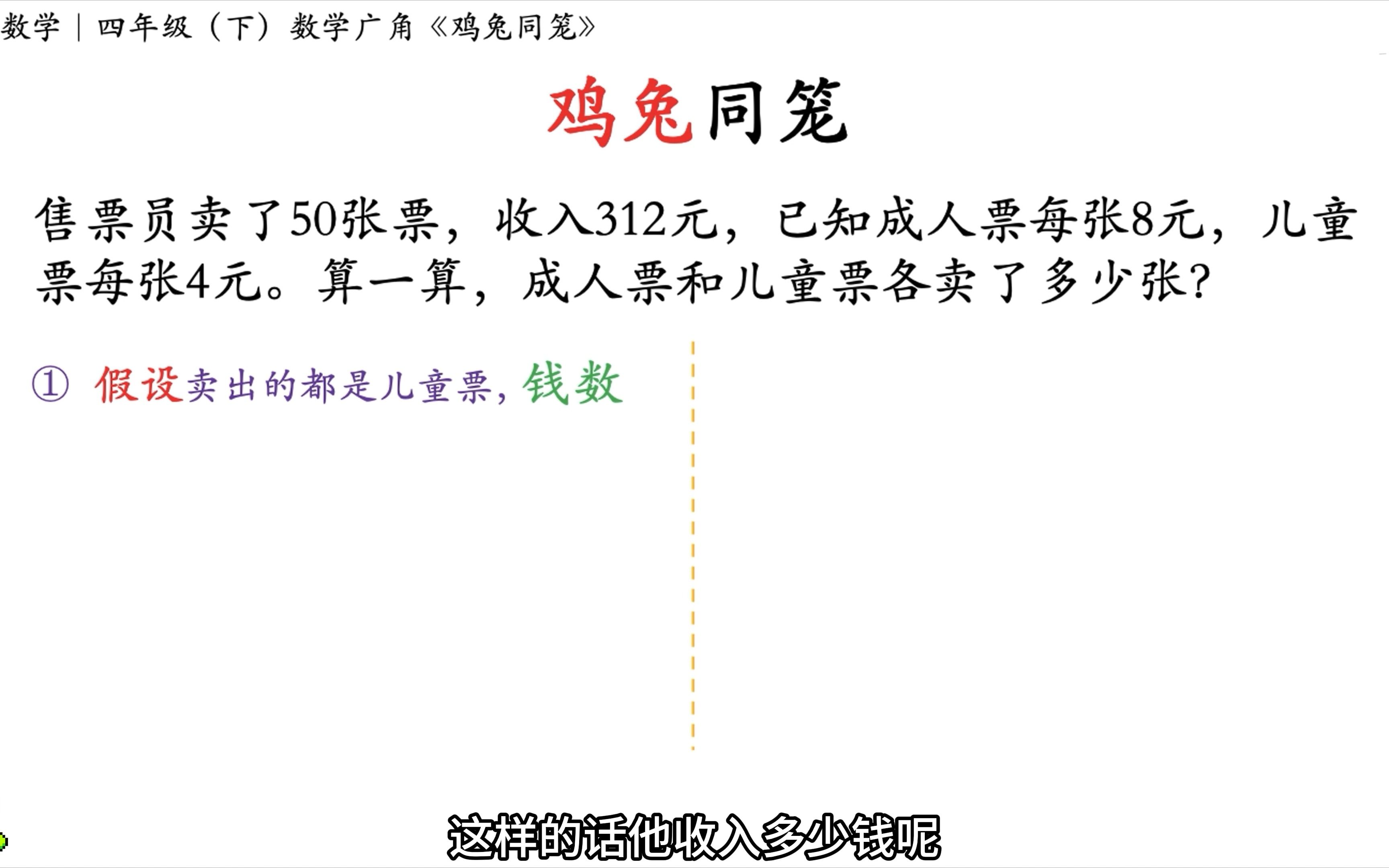 [图]假设法详解鸡兔同笼变型·卖票问题｜售票员卖了50张票，收入312元，已知成人票每张8元，儿童票每张4元。算一算，成人票和儿童票各卖了多少张？