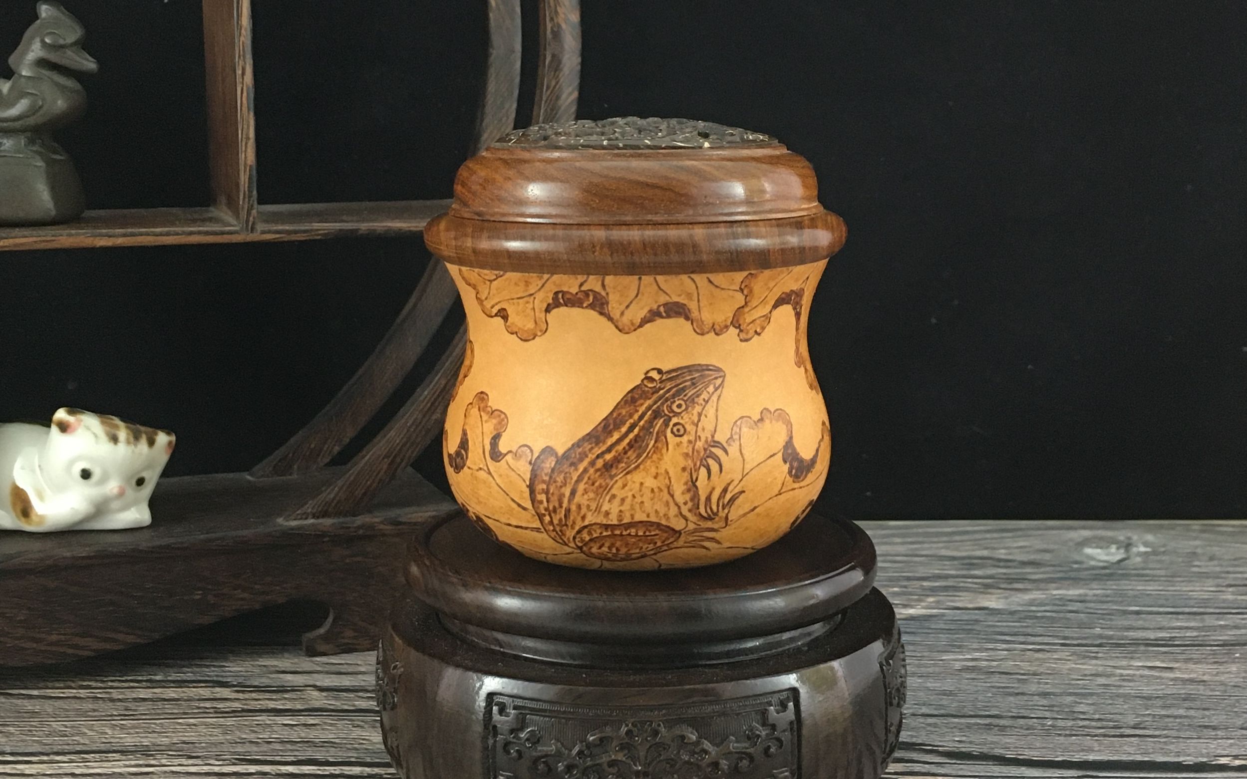 蛙鸣 纯手工非遗烙画烫花养虫蓄虫鸣虫具葫芦蝈蝈罐叫罐文玩把件