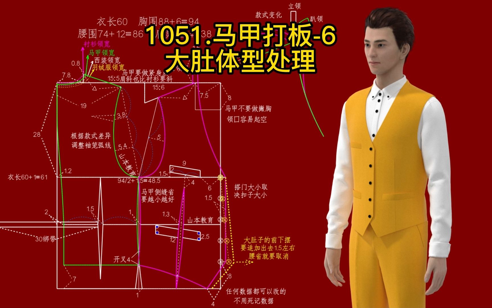 1051.男装马甲制版男西装背心-6大肚体型处理-服装打板裁剪纸样