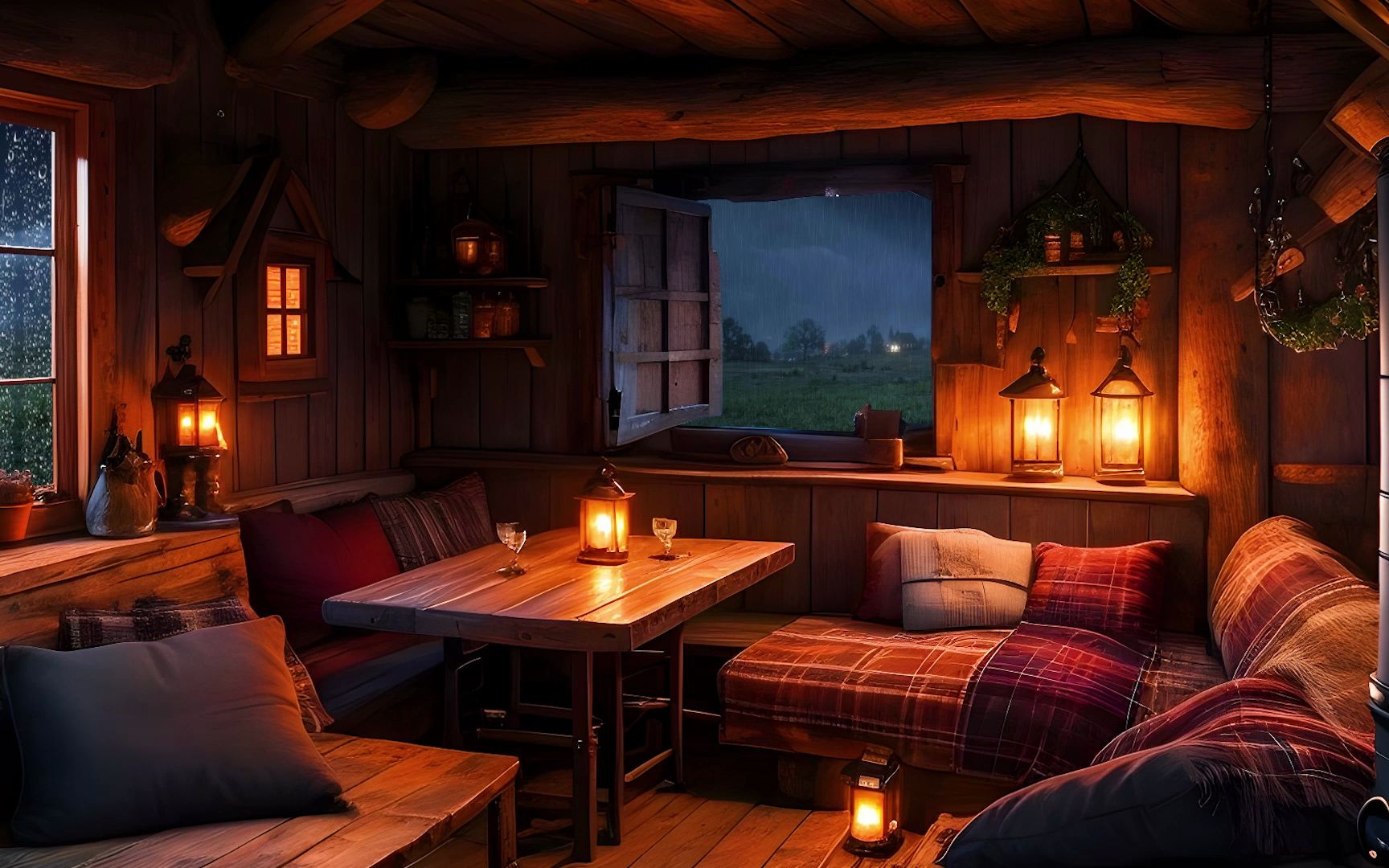 草原上的温馨小木屋,遇上狂风暴雨的雨夜,白噪音助眠,学习陪伴