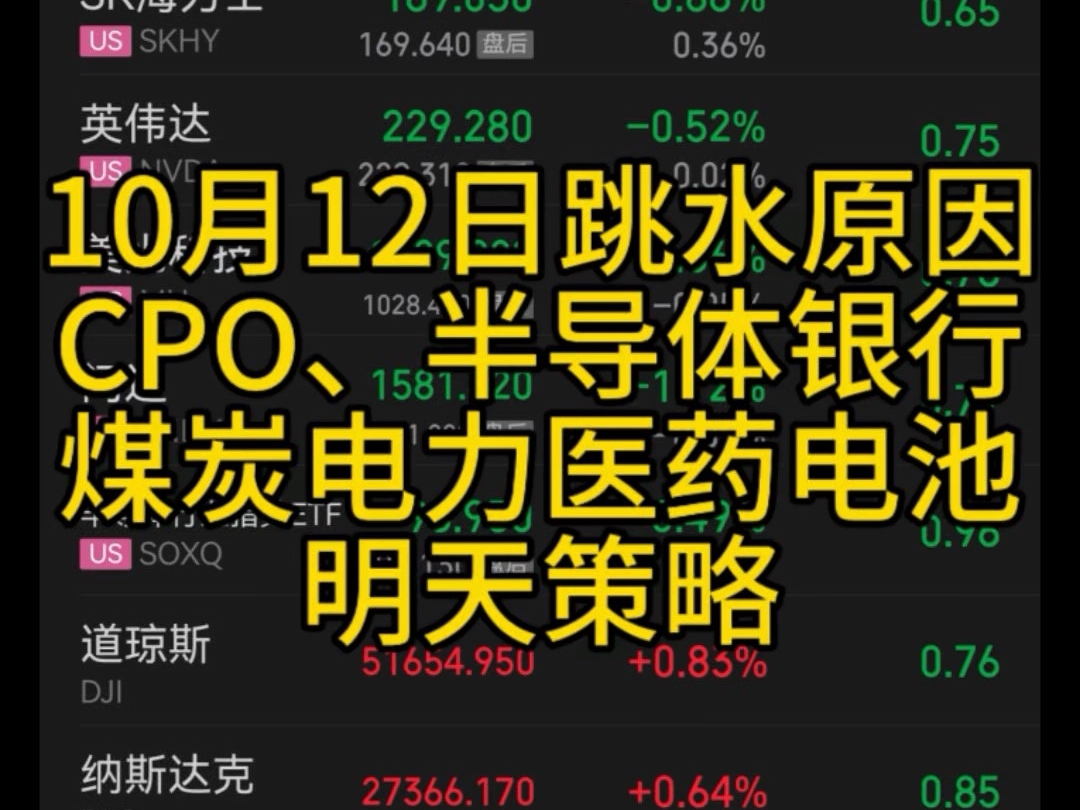 10月12日跳水原因、CPO、半导体、存储、银行、煤炭、粮食、电力、医药、电池明天策略