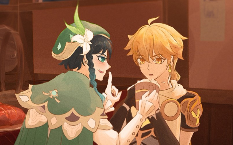 板绘原神温迪又在偷偷给旅行者喂酒啦