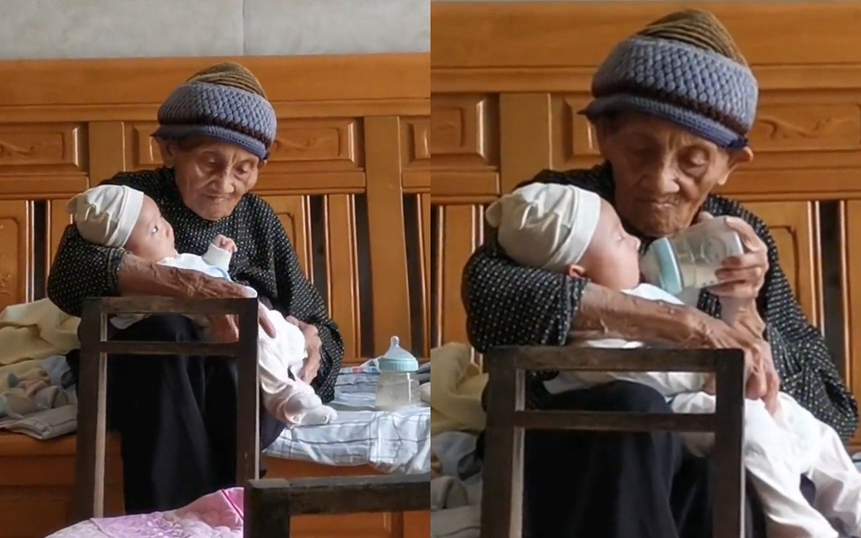 暖心!祖奶奶抱着孙子喂水,这就是传承吧,祖奶奶抱起的是新生