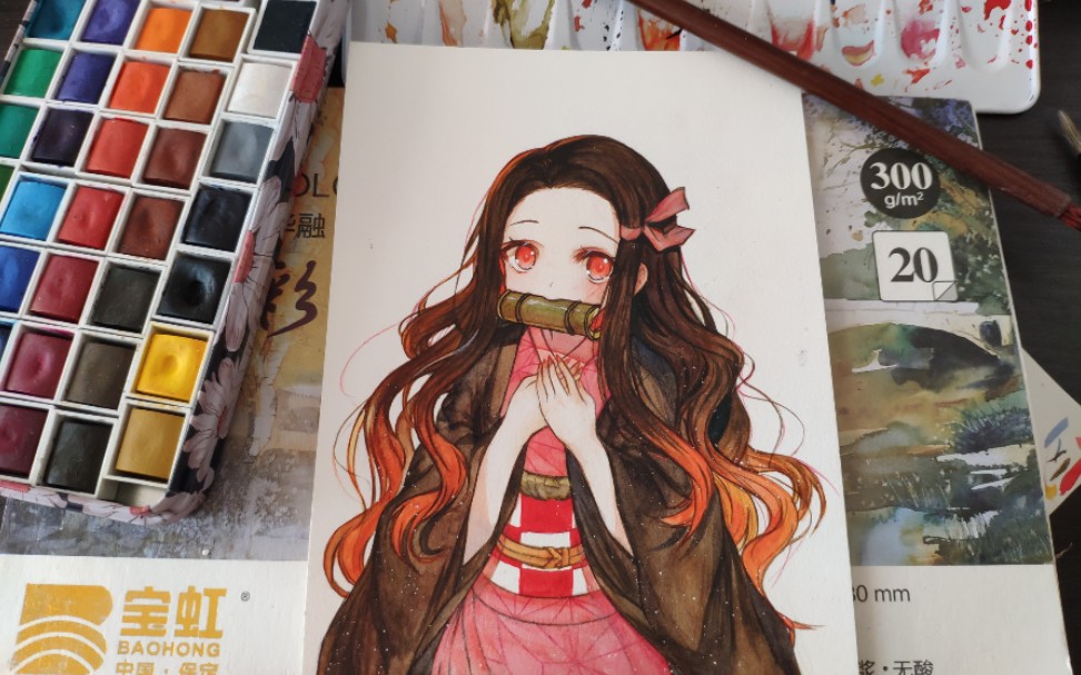 手绘水彩临摹鬼灭之刃祢豆子