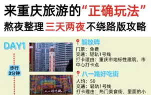 Télécharger la video: 重庆旅游丨3天2晚本地人玩法，超详细！用我在重庆生活25年的经验，整理了这篇3天2晚不绕路版攻略。交通、住宿、美食，以及避雷踩坑都有写到，希望能帮助到你们💃