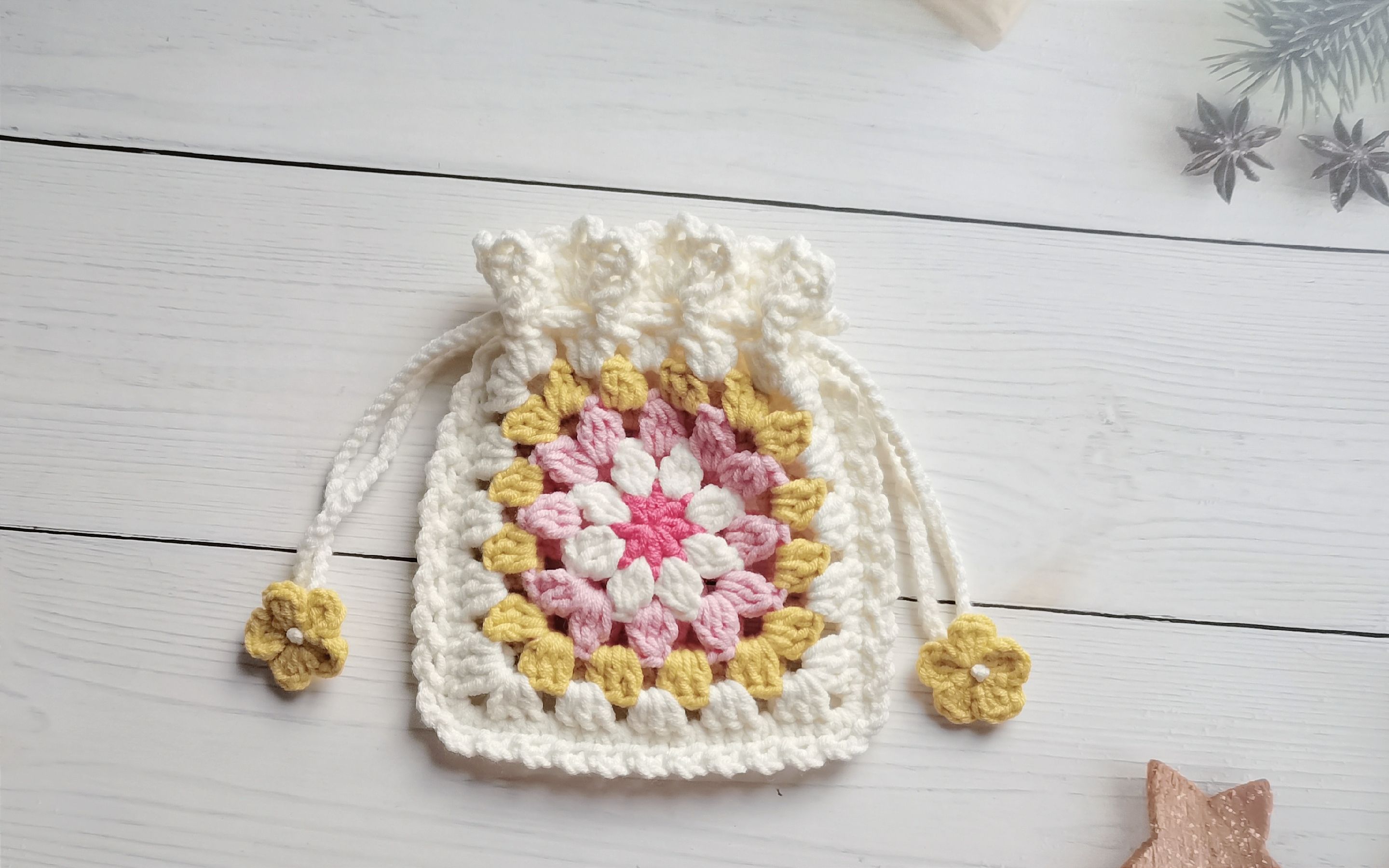 钩针编织,祖母方格束口包(1),单元花片的编织