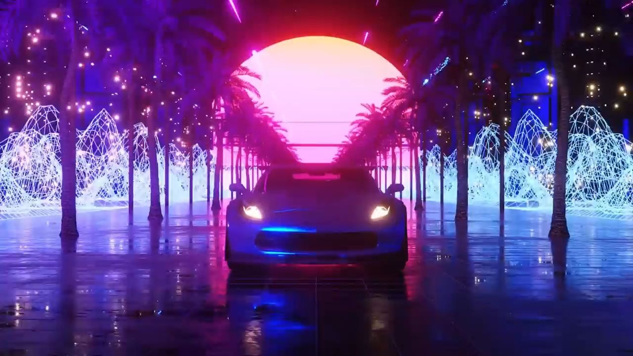 霓虹灯风格跑车汽车与城市赛博朋克隧道❤浪漫