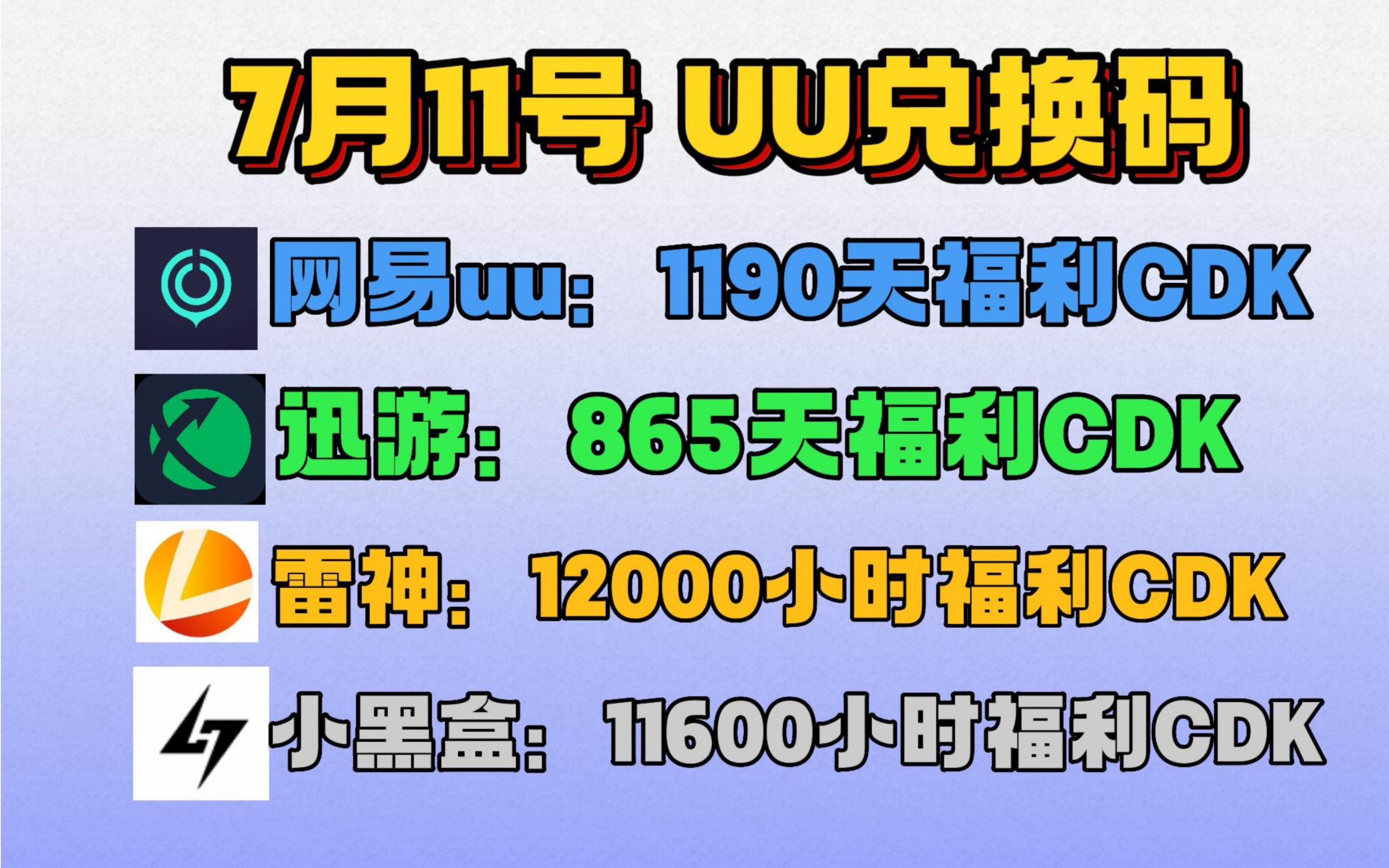 uu加速器7月11日,最新uu24小时口令兑换码,uu免费白嫖1190天 雷神12000小时 迅游856天!还有更多加速器月卡周卡,一人一份游戏资讯