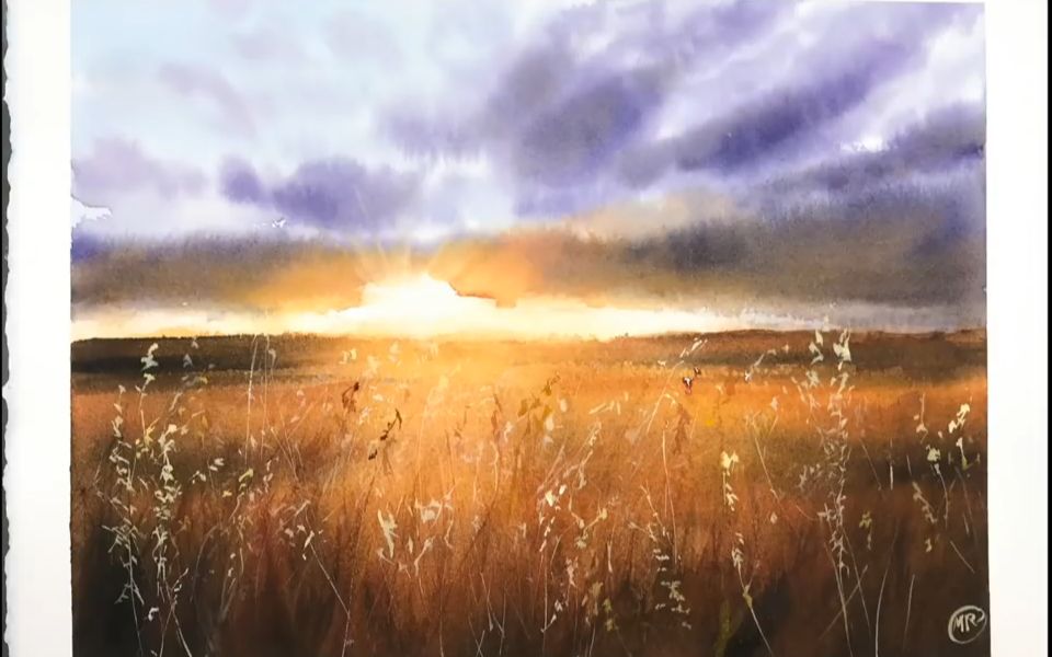 水彩水彩风景绘画麦田