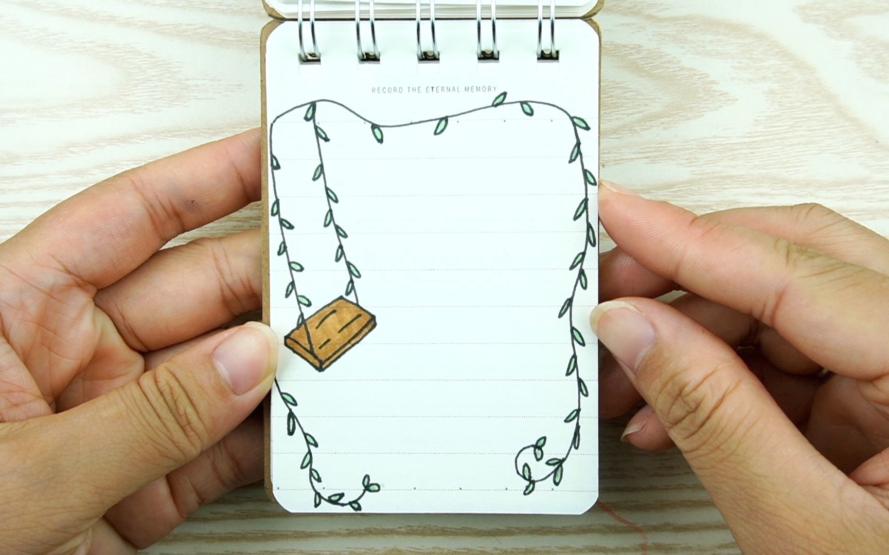 儿童创意手绘,迷你记事记账本图画设计,柳藤树叶和秋千图案