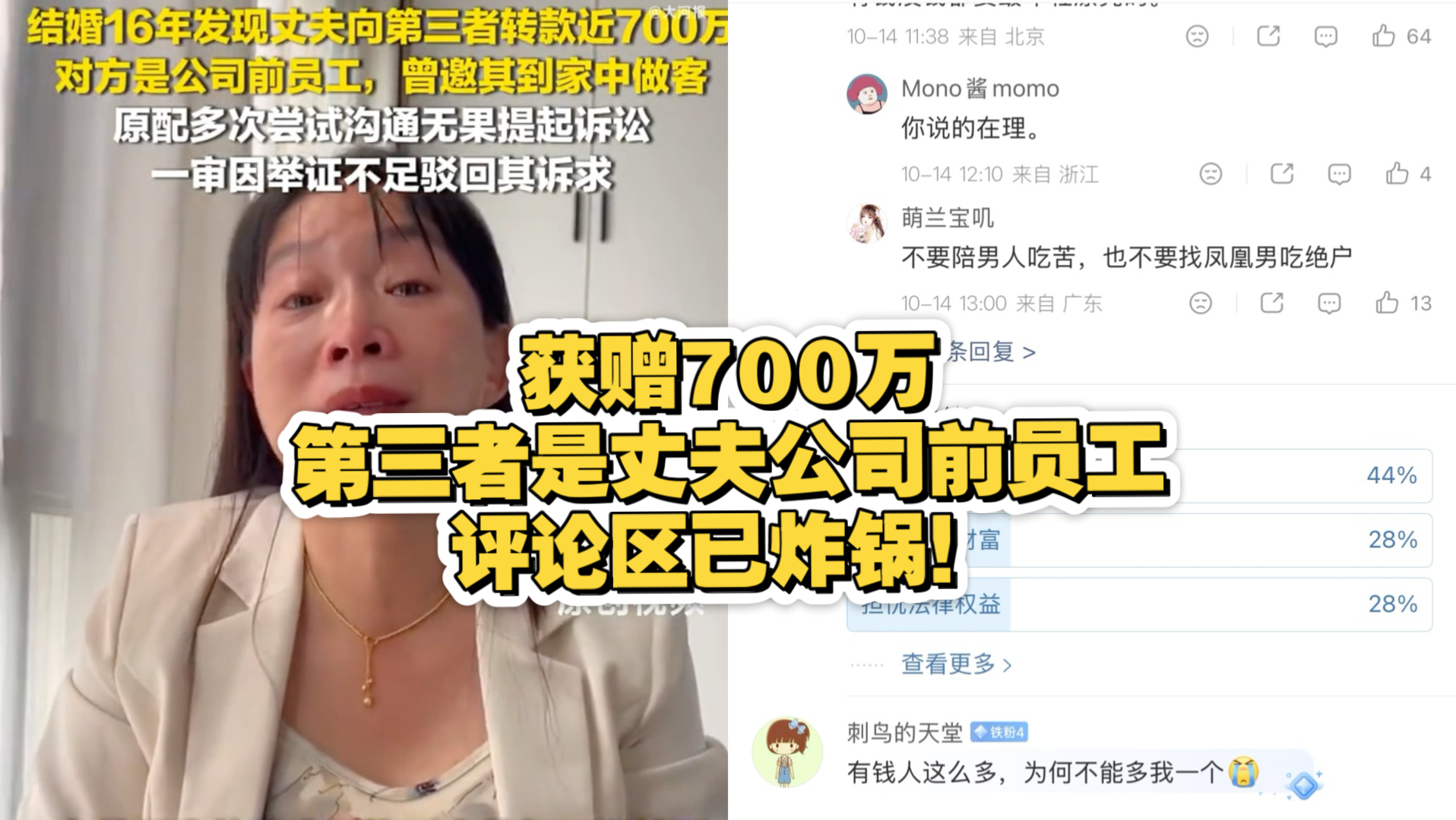 获赠700万第三者是丈夫公司前员工，评论区已炸锅！