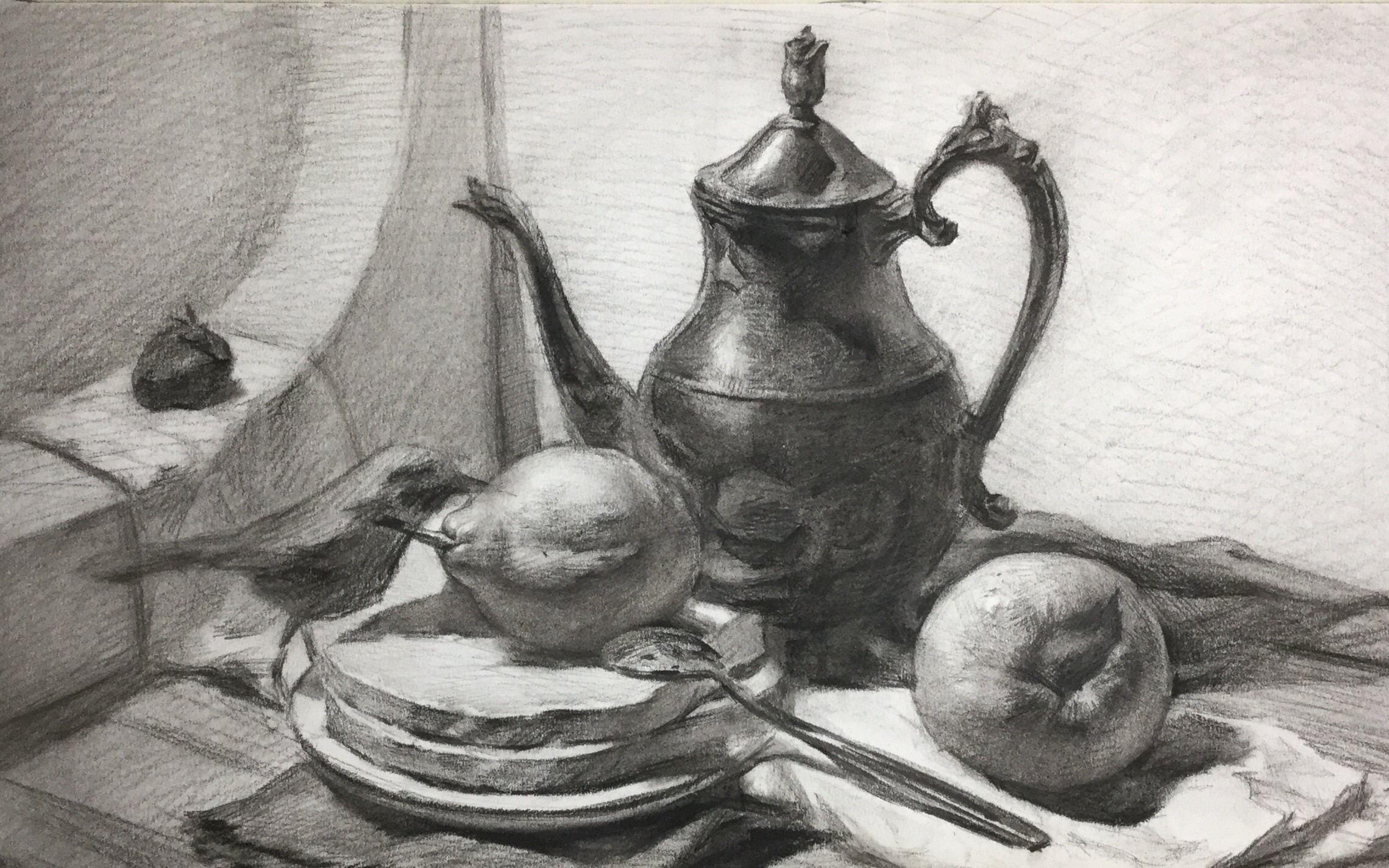 静物素描金属酒壶水果素描组合静物直播课回放石天美学a班②