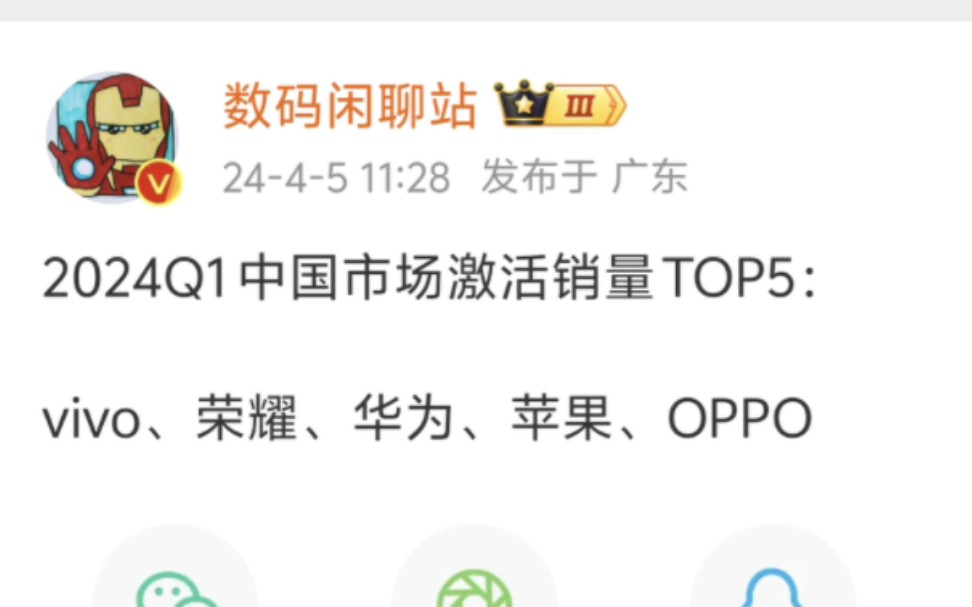 2024Q1中国市场激活销量TOP5:vivo、荣耀、华为、苹果、OPPO哔哩哔哩bilibili