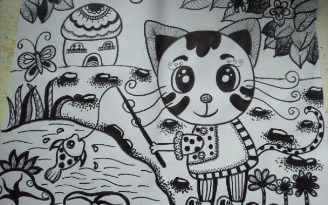 线描——小猫钓鱼