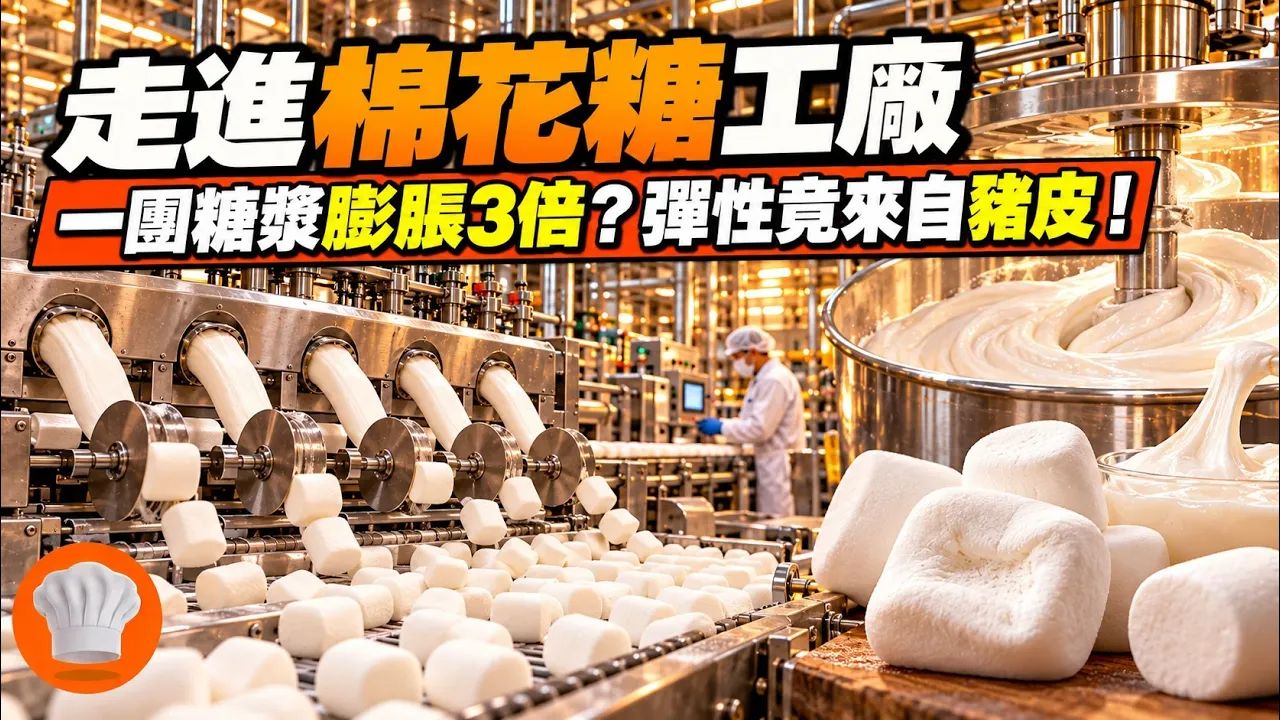 【美食文化】棉花糖大部分竟是空气，弹性还可能来自猪皮？走进棉花糖工厂，看115°C糖浆如何膨胀3倍、60分钟挤出成型，为何在马来西亚上架还要先过清真认证？【超级