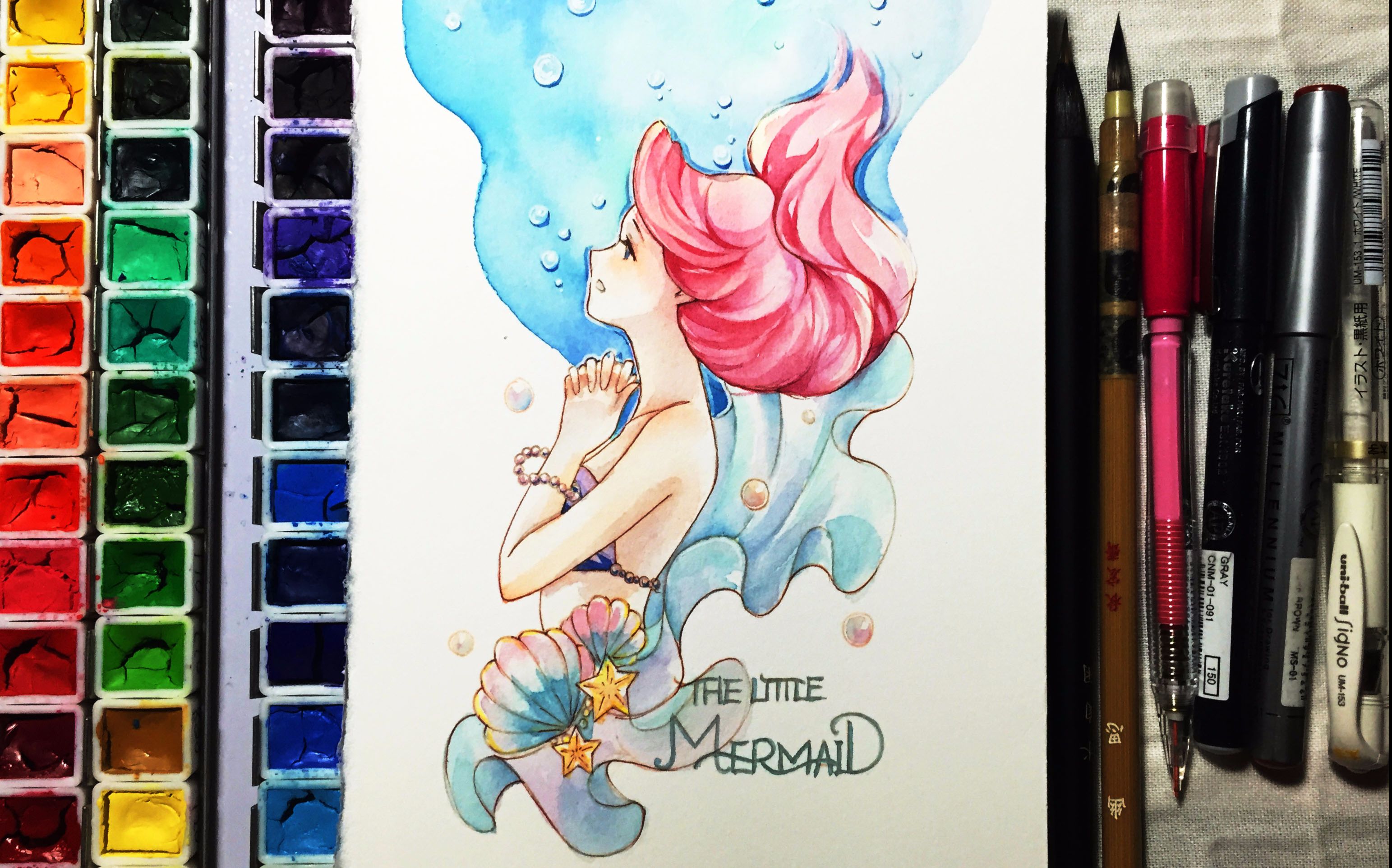 水彩过程国庆啦放假啦画画啊小人鱼