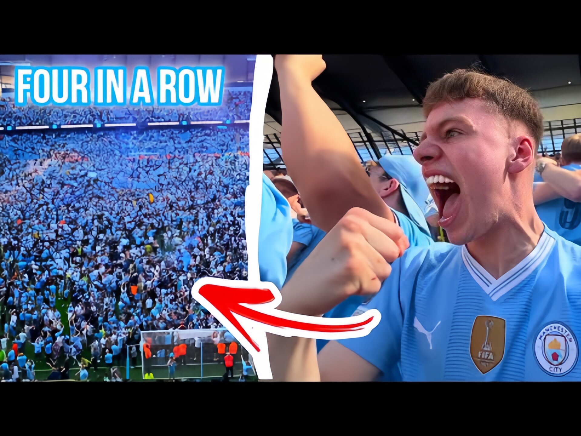 曼城历史性地夺得英超联赛四连冠,球迷冲入球场的那一刻!