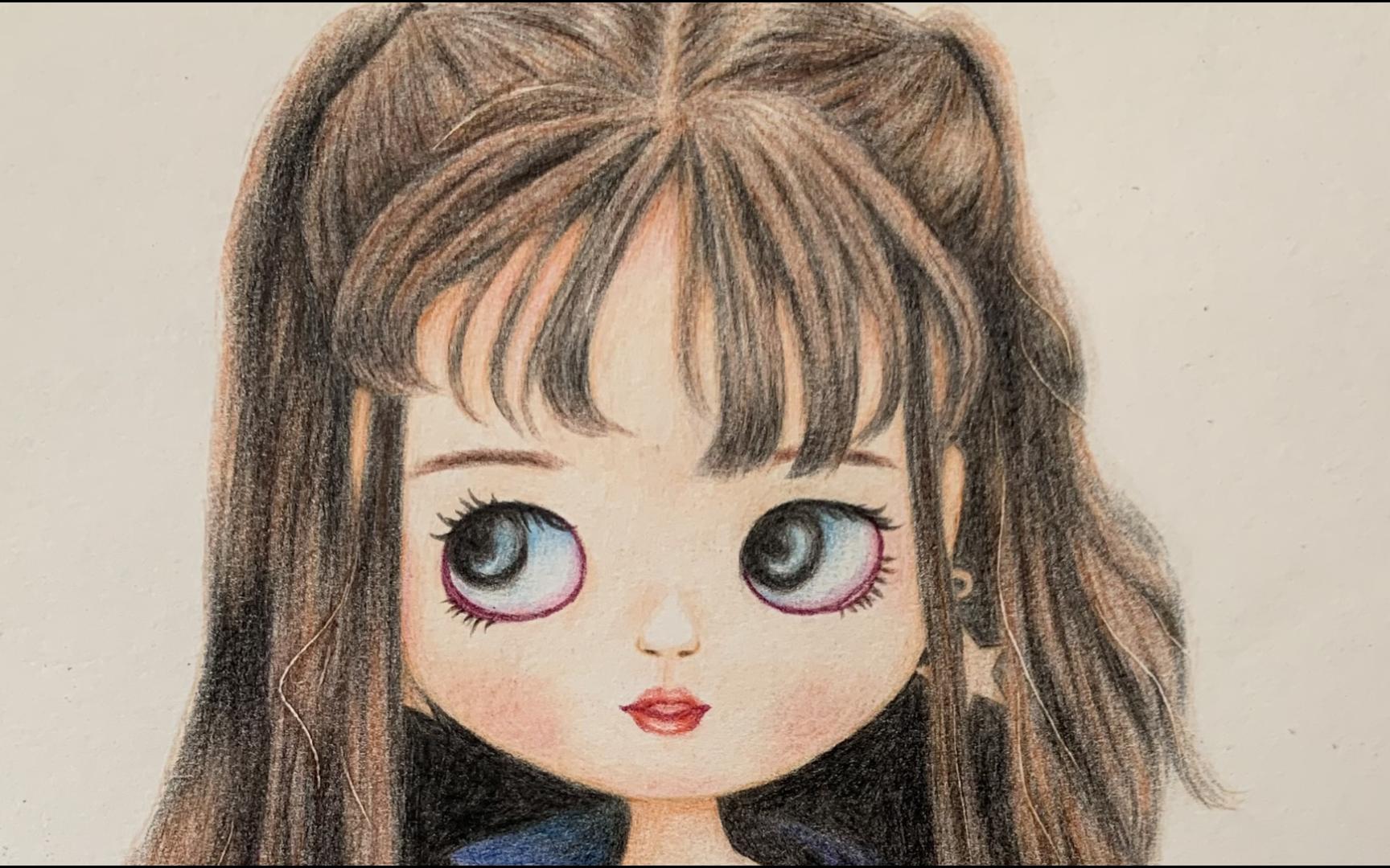彩铅画一个长发娃娃