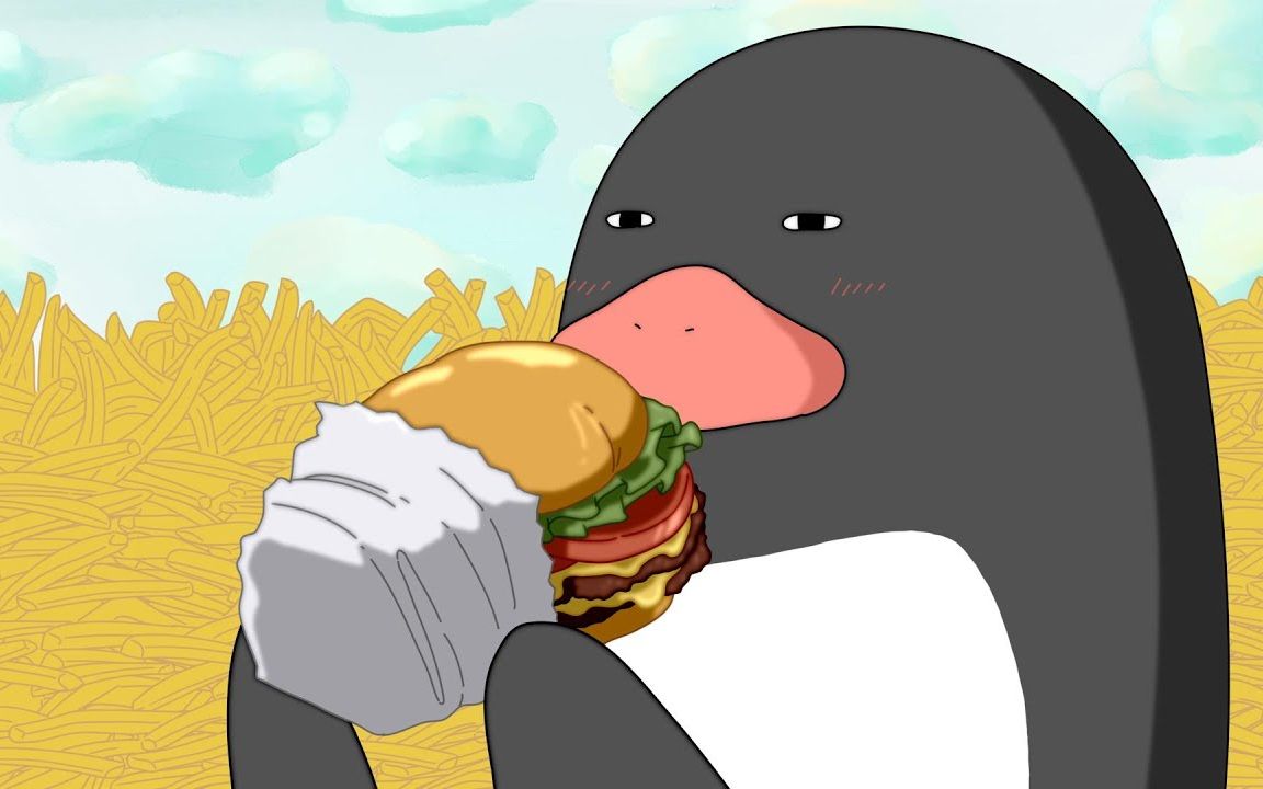 美食动画:胖企鹅一头扎进薯条堆,手工汉堡炸薯条吃啵现场 sasilmanman