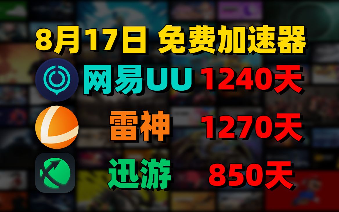 UU加速器8月17日免费领1240天!雷神1270天兑换码!迅游850天,NN/小黑盒 1200天兑换码 天卡/周卡/月卡! 兑换口令!先到先得! 人手一份!网络游戏...