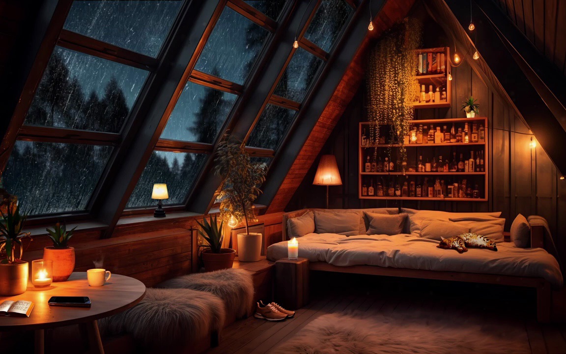 冬日雨夜,你在舒适的阁楼房间 | 噼啪作响的炉火 | 适合睡眠,学习和