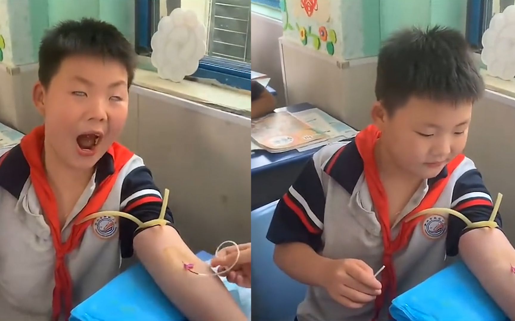 男生抽血被吓成表情包,翻白眼发出魔性笑声逗乐护士:笑着面对?